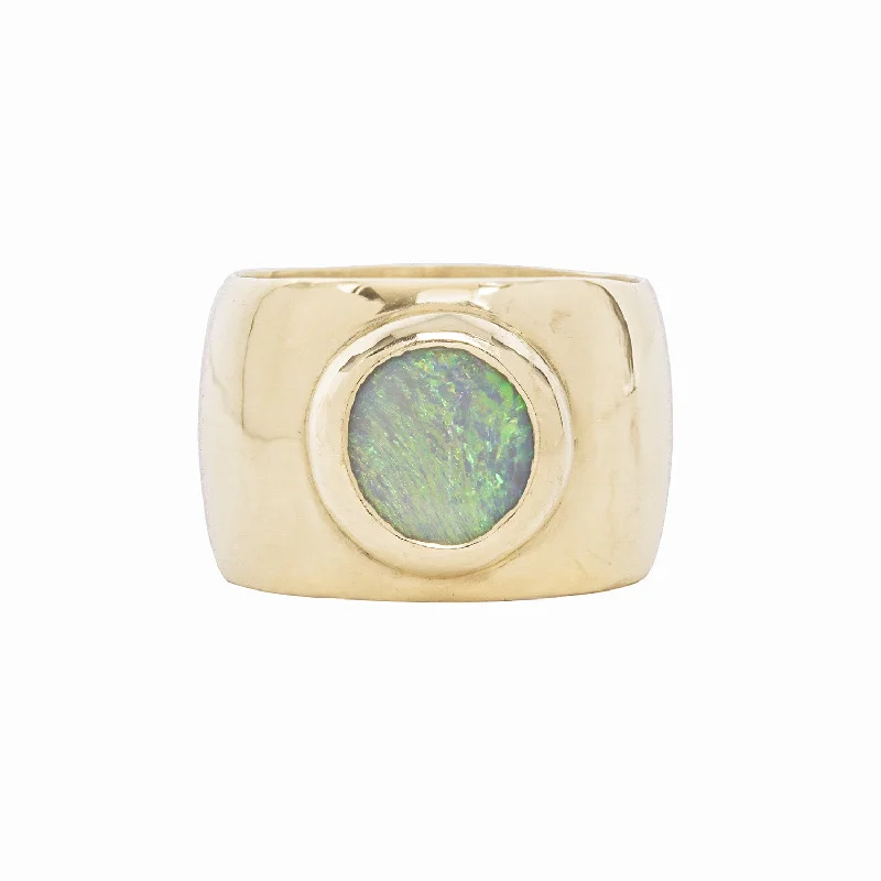 Women’s custom-designed rings-CIGAR BAND BEZEL RING / GOLD & OPAL