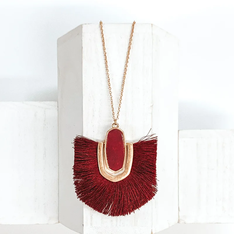 Women’s big hoop earrings-Long Gold Chain Necklace with a Semi Precious Oval Pendant and Fringe in Burgundy