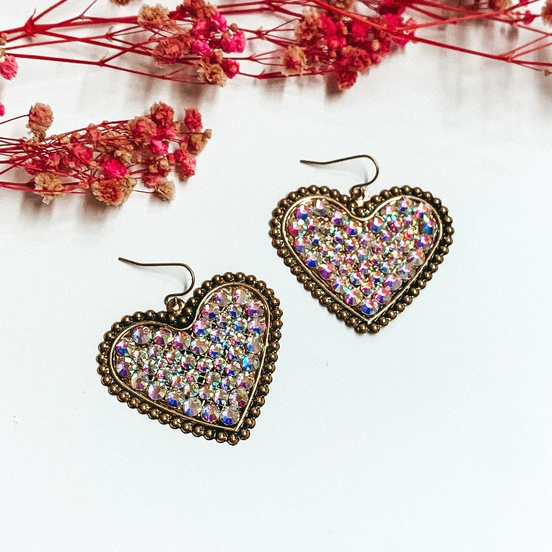 Women’s dangle earrings-Bronze Tone Heart Earrings with AB Crystals