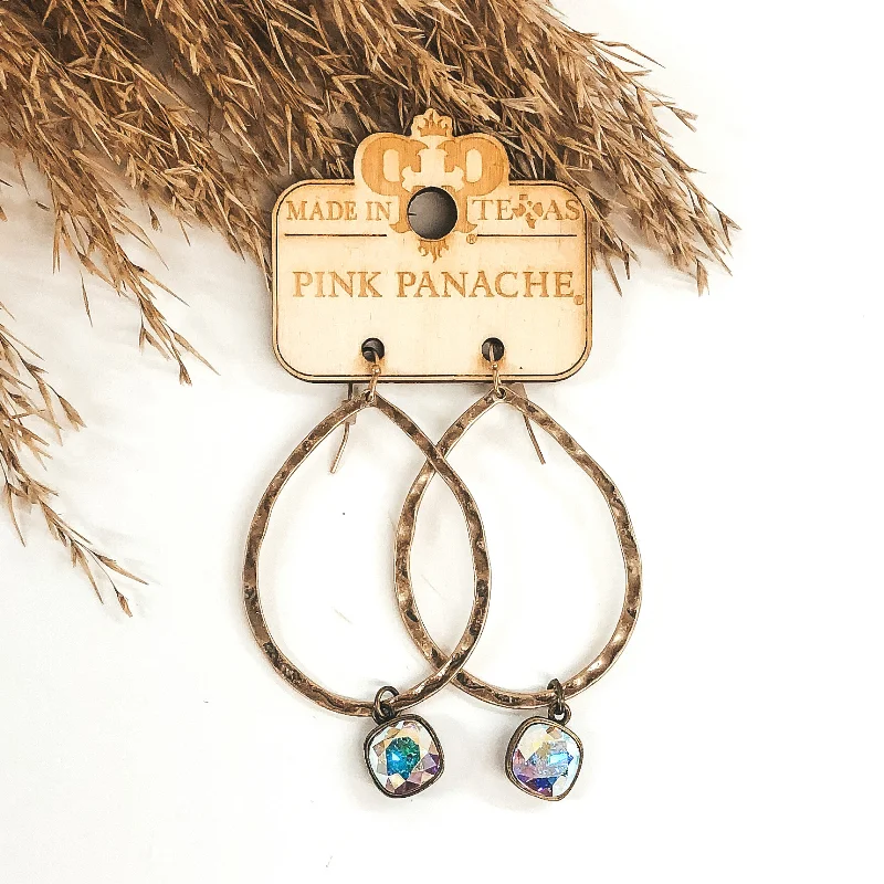 Women’s long drop earrings-Pink Panache | Bronze Hammered Open Teardrop Earring with AB Cushion Cut Drop