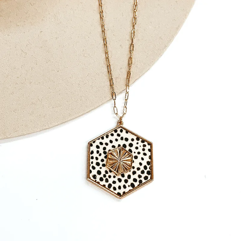 Women’s cubic zirconia stud earrings-Long Gold Chain Necklace with a Hexagon Pendant in Ivory Cheetah Print