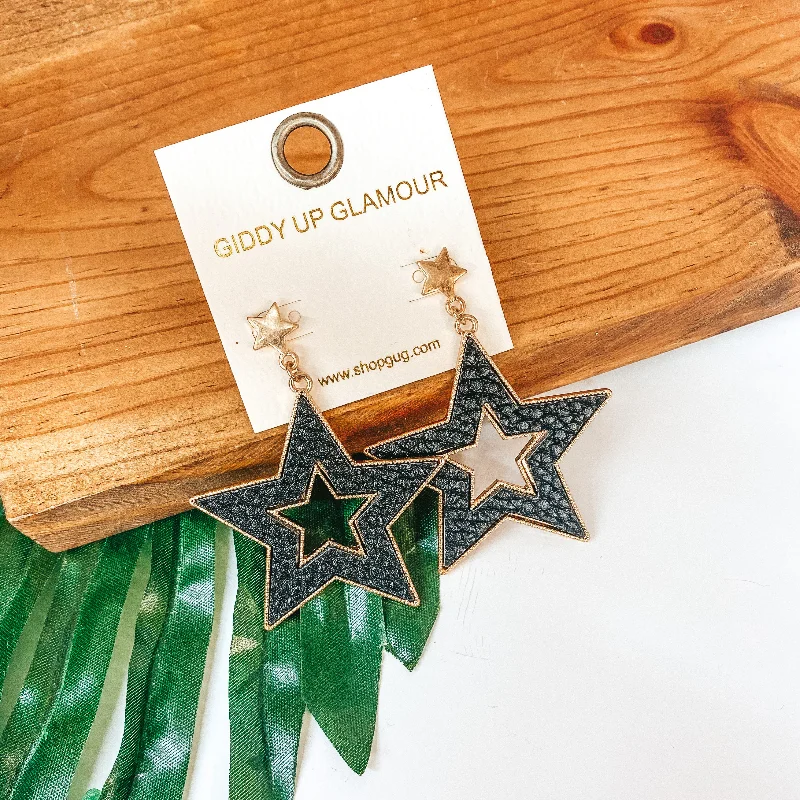 Women’s stud earrings-She's a Star Gold Post Dangle Earrings with Leather Star in Black