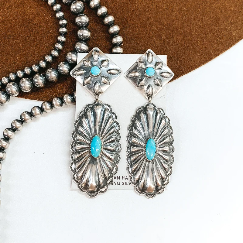 Women’s butterfly earrings-RL Begay | Navajo Handmade Sterling Silver Square Concho Post Earrings with Oval Concho Dangle and Turquoise Stones