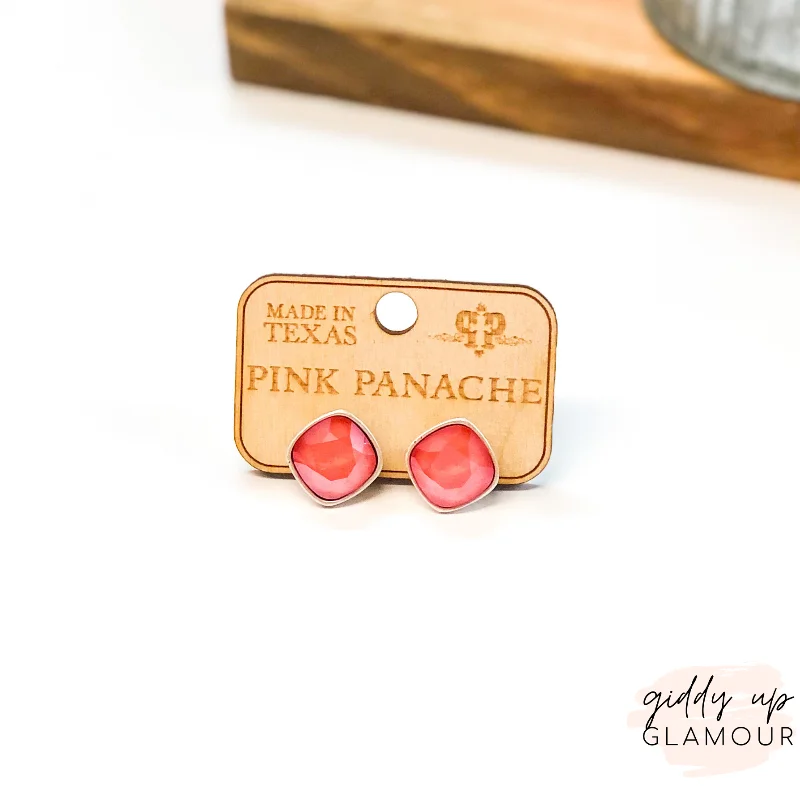 Women’s polished gold earrings-Pink Panache | Silver Stud Earrings with Cushion Cut Crystals in Candy Coral