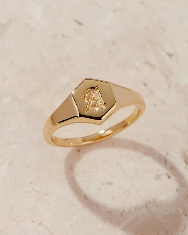 Women’s stacking engagement rings-Hexagon Signet Ring [Old English]