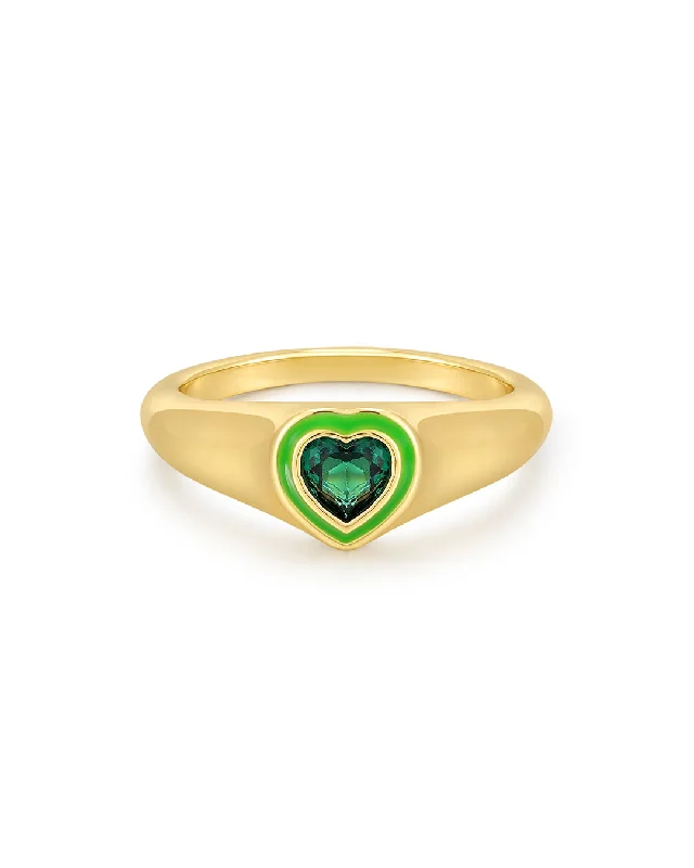 Women’s trendy rings-Heart Signet Ring- Green- Gold