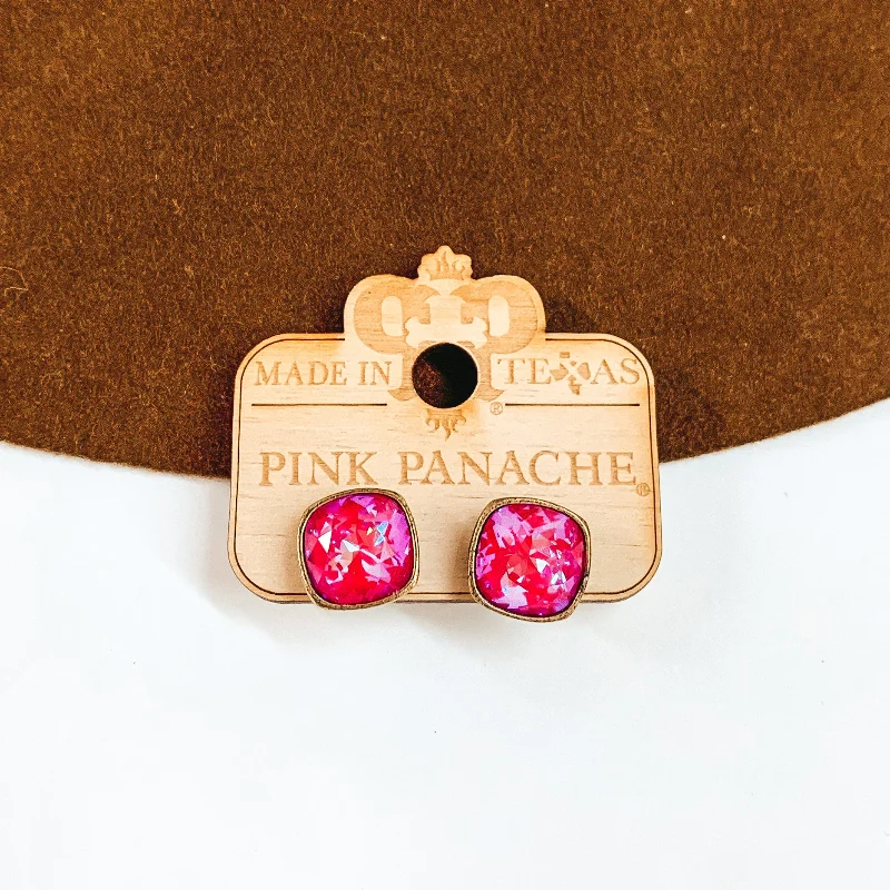 Women’s drop earrings-Pink Panache | Bronze Stud Earrings with Cushion Cut Crystals in Royal Red Delight