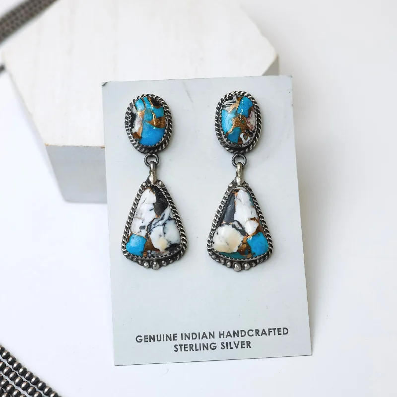 Women’s pearl earrings-Elouise Kee | Navajo Handmade Sterling Silver Remix White Buffalo and Turquoise Drop Earrings