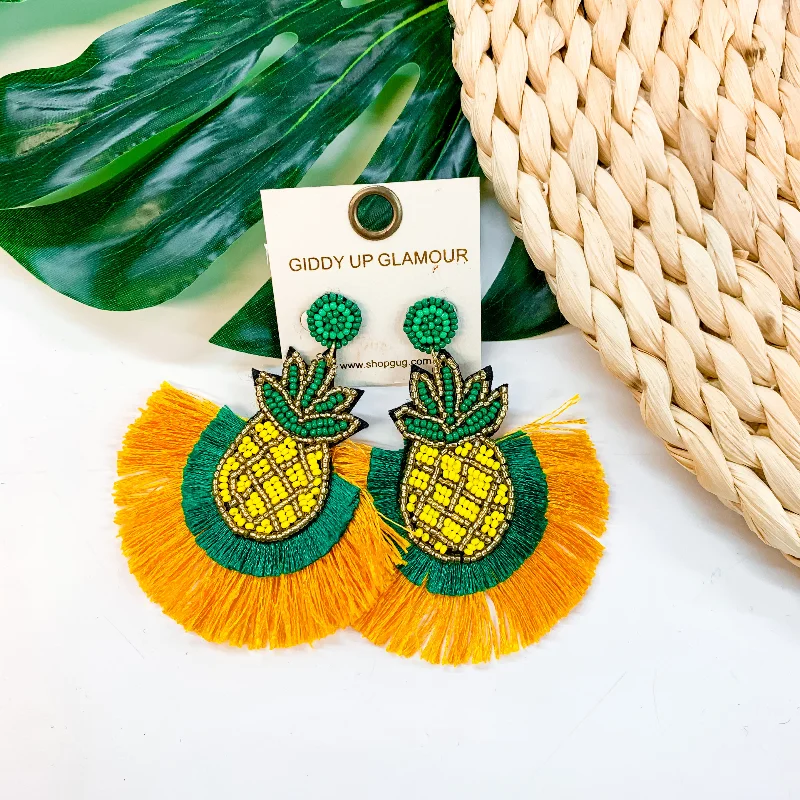 Women’s simple gold earrings-Pineapple Paradise Pineapple Seed Bead Tassel Earrings In Yellow and Green