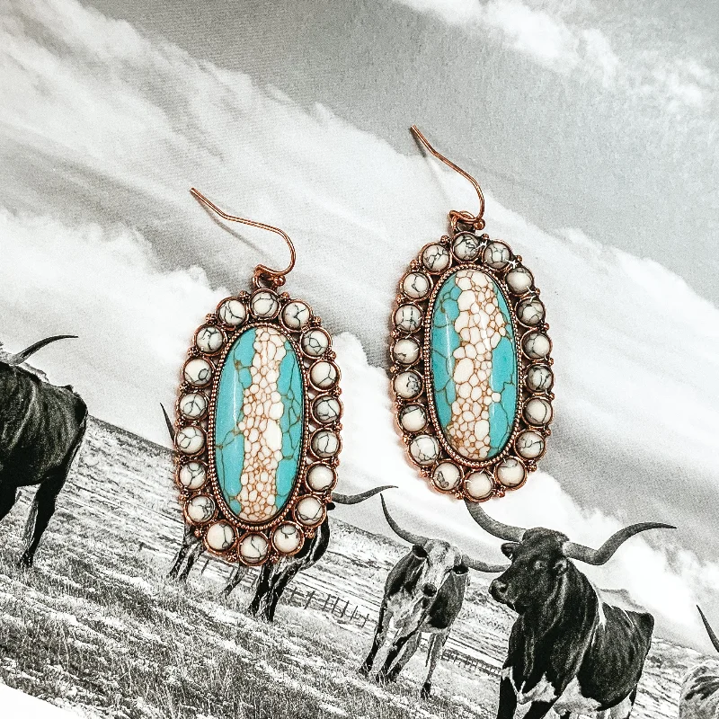 Women’s teardrop earrings-Turquoise Cluster Oval Dangle Earrings in Copper Tone