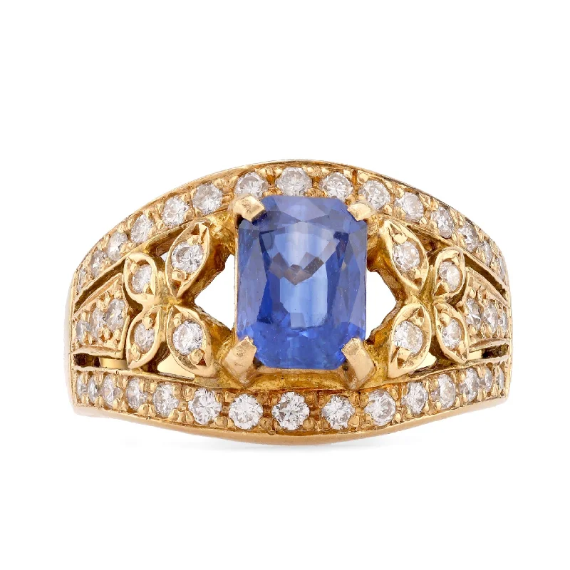 Women’s silver gemstone rings-Women’s multi-stone engagement ring-Vintage Sapphire Diamond 18K Yellow Gold Ring