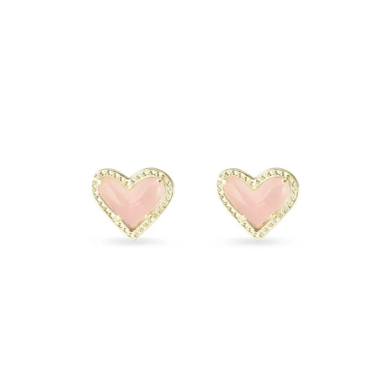 Women’s celestial earrings-Kendra Scott | Ari Heart Gold Stud Earrings in Rose Quartz