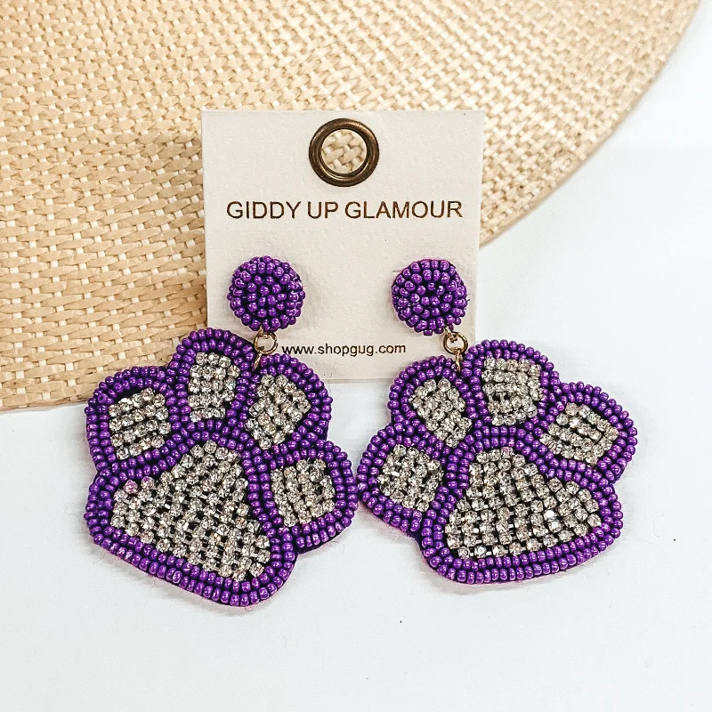 Women’s stud earrings-Beaded Paw Print Earrings with Clear Crystals in Purple