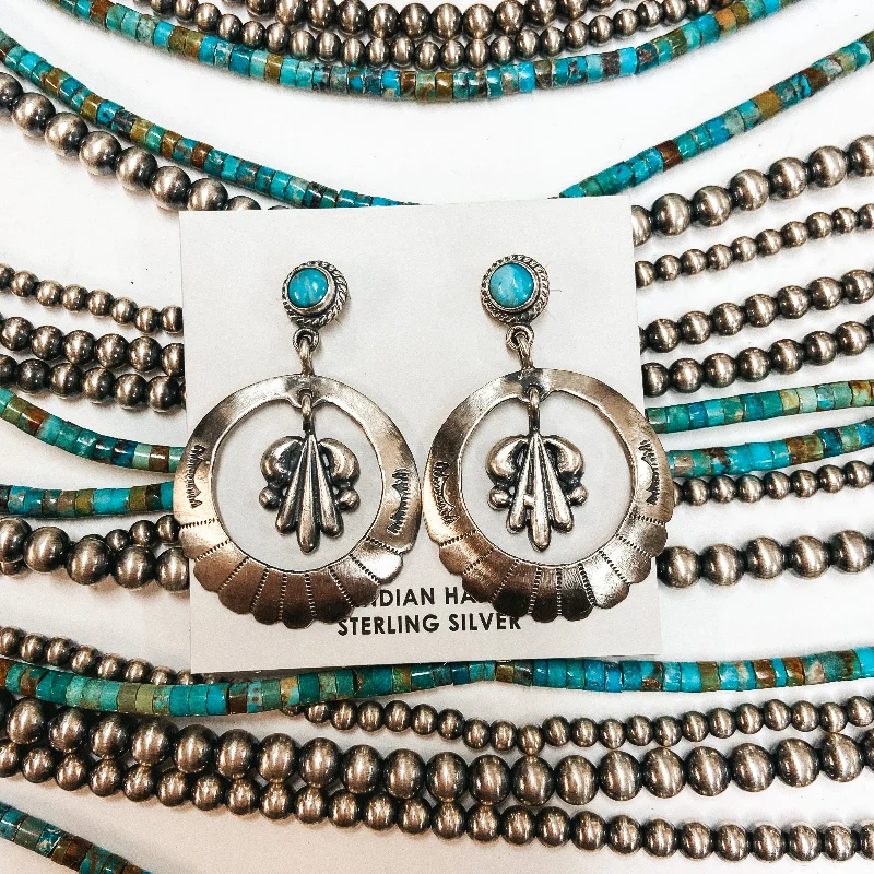 Women’s geometric earrings-Annie Spencer | Navajo Handmade Sterling Silver Circle Dangle Earrings with Kingman Turquoise Post