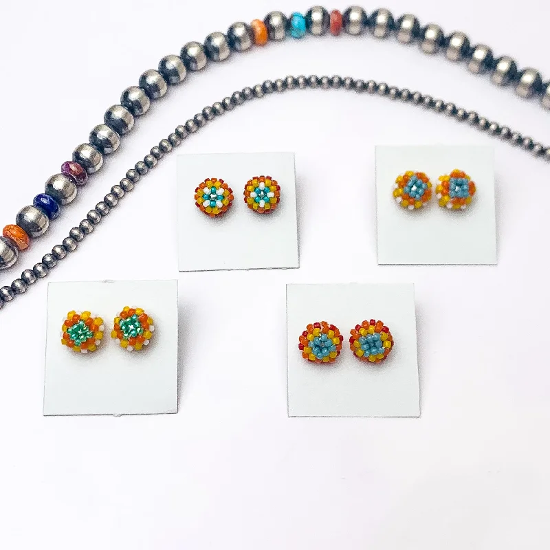 Women’s silver drop earrings-Navajo | Navajo Handmade Beaded Stud Earrings in Turquoise, Yellow, and Red