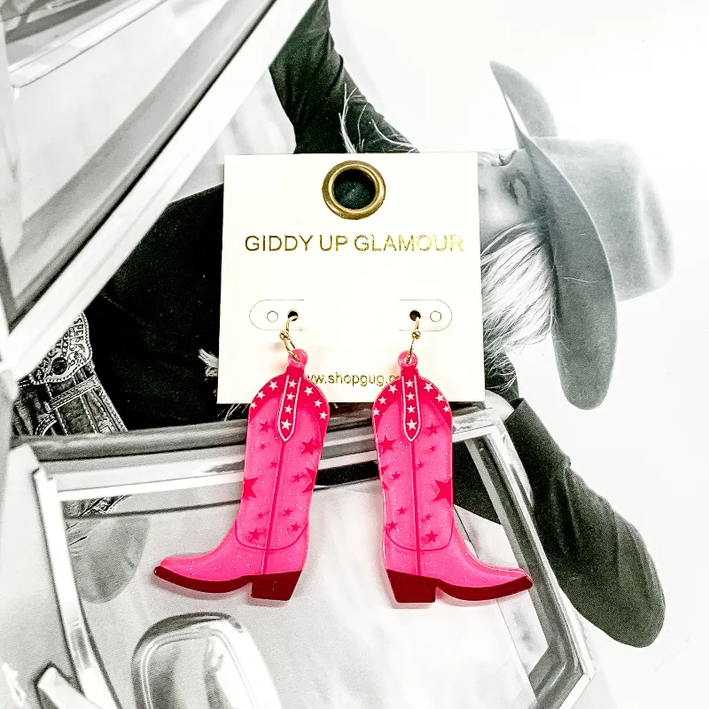 Women’s trendy earrings-Cowboy Boot Dangle Earrings in Pink