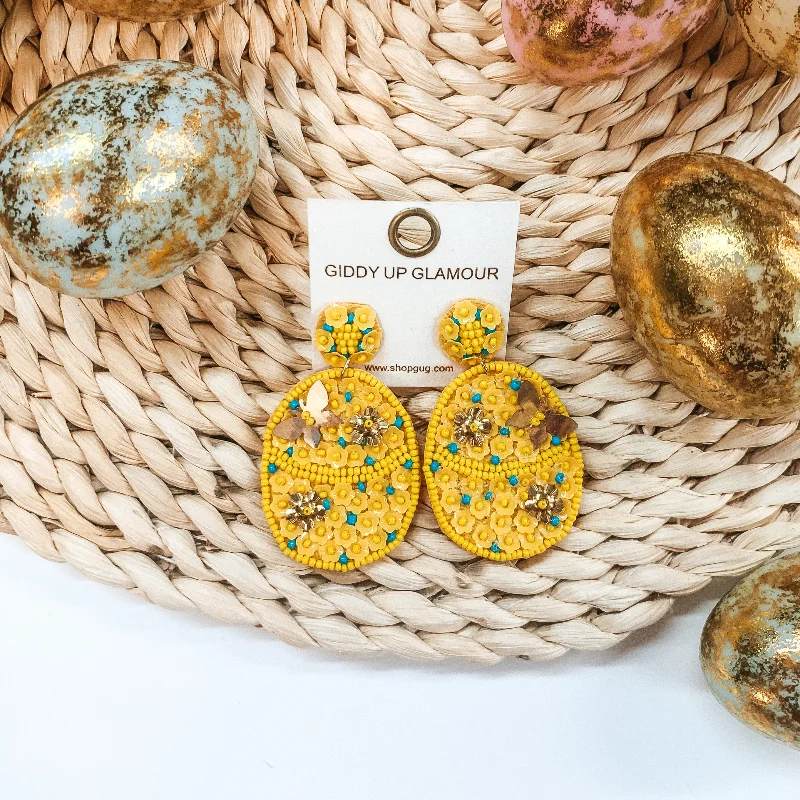 Women’s white gold earrings-Hoppy Easter Sequin Beaded Easter Egg Earrings in Yellow