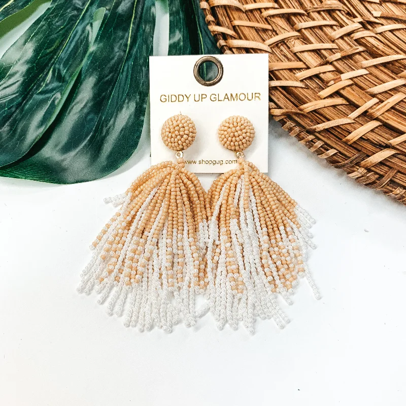 Women’s bold hoop earrings-Seed Bead Tassel Earrings In White and Tan