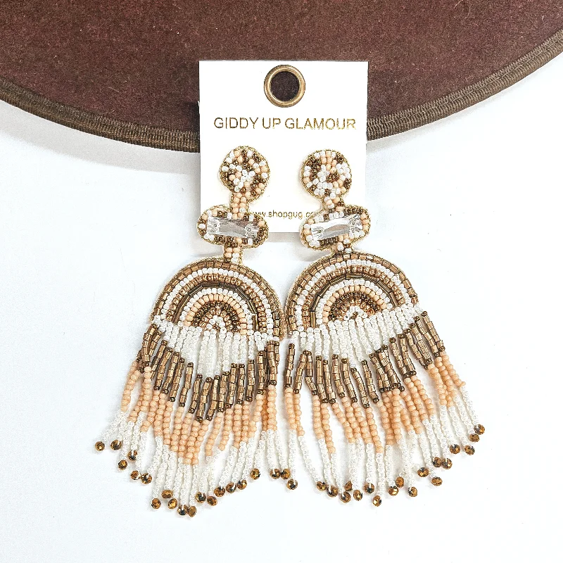 Women’s retro-inspired earrings-Balcony Views Seed Bead Fringe Earrings in Ivory and Gold