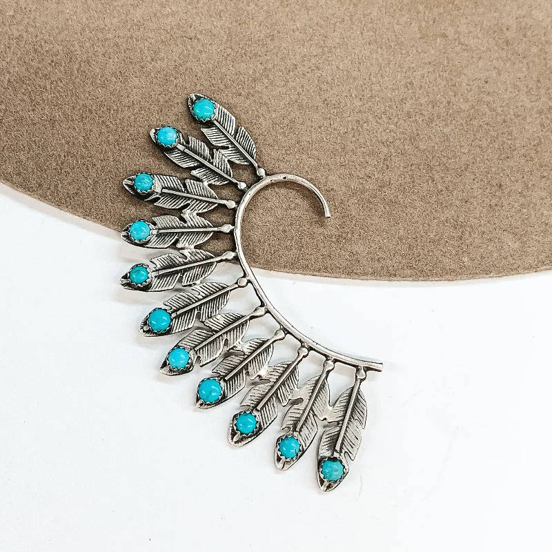 Women’s floral earrings-Navajo | Navajo Handmade Sterling Silver 11 Feather Right Ear Cuff with Turquoise Stones