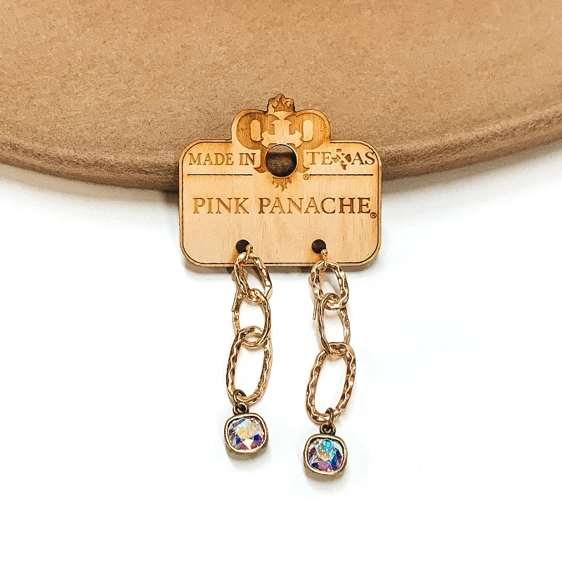 Women’s small stud earrings-Pink Panache | AB Cushion Cut Drop on Worn, Hammered Chain Link Earring in Gold