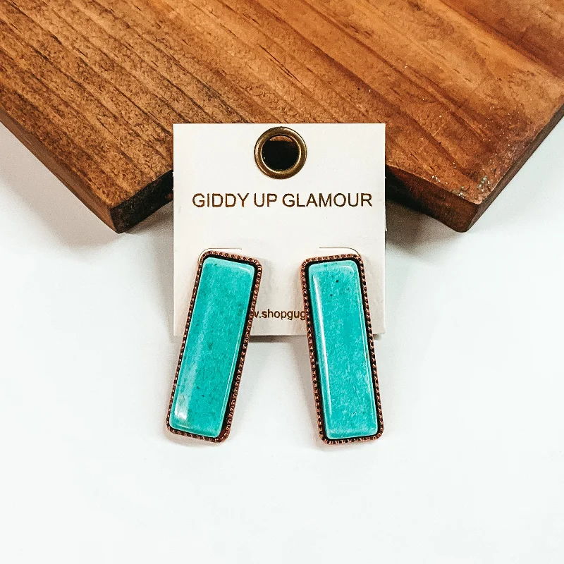 Women’s delicate earrings-Large Rectangle Faux Stone Copper Tone Earrings in Turquoise