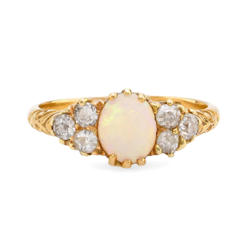 Women’s cluster rings-Women’s engagement ring with platinum band-Victorian opal diamond 18k yellow gold ring