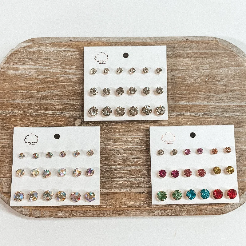 Women’s turquoise earrings-Buy 3 for $10 | Pack of Nine | Faux Crystal Stud Earrings in Various Sizes