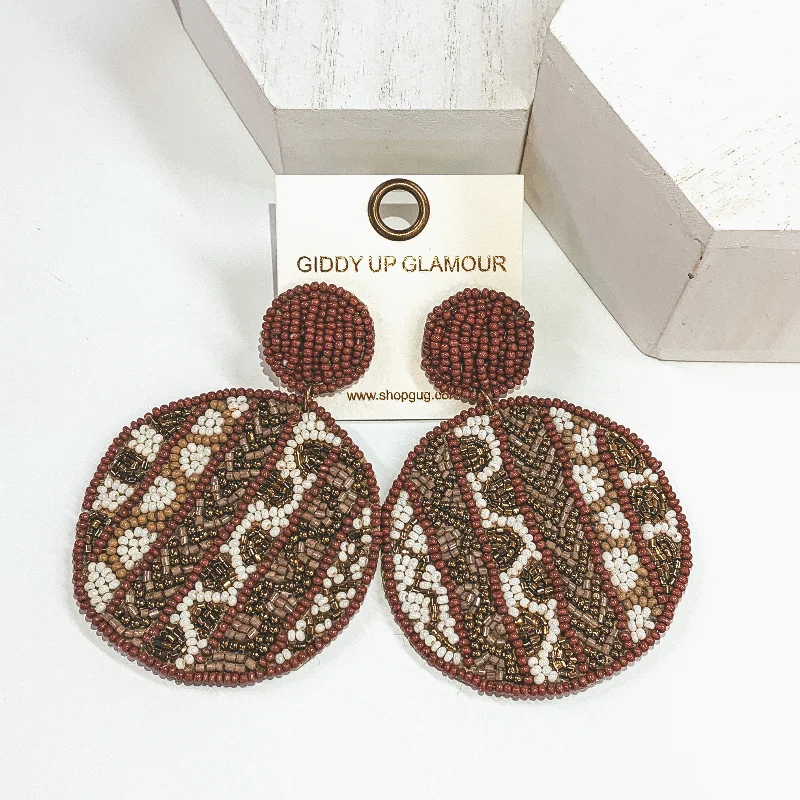 Women’s clip-on earrings-Circle Drop Striped Beaded Earrings in Brown