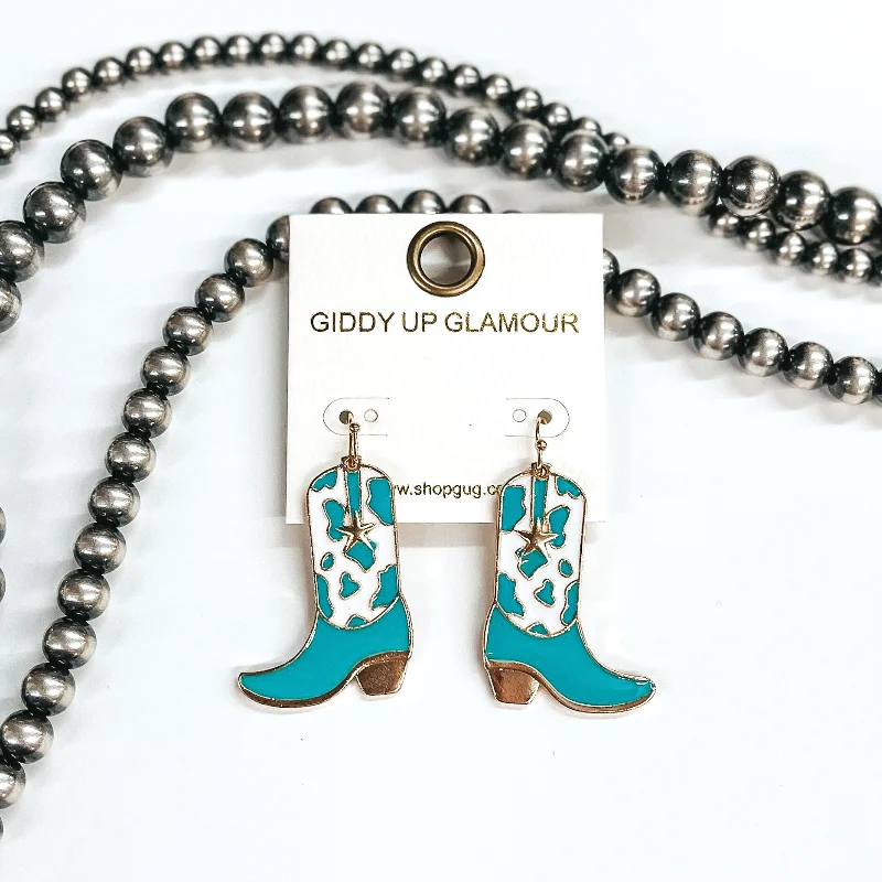 Women’s angel wing earrings-Kick Your Boots Up Cow Print Boot Hanging Pendant Earrings in White and Turquoise