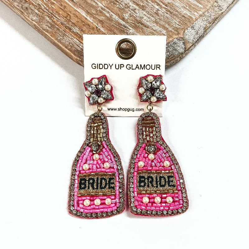 Women’s crystal stud earrings-Bride Beaded Bottle Earrings with Clear Crystals and Pearls in Neon Pink Mix