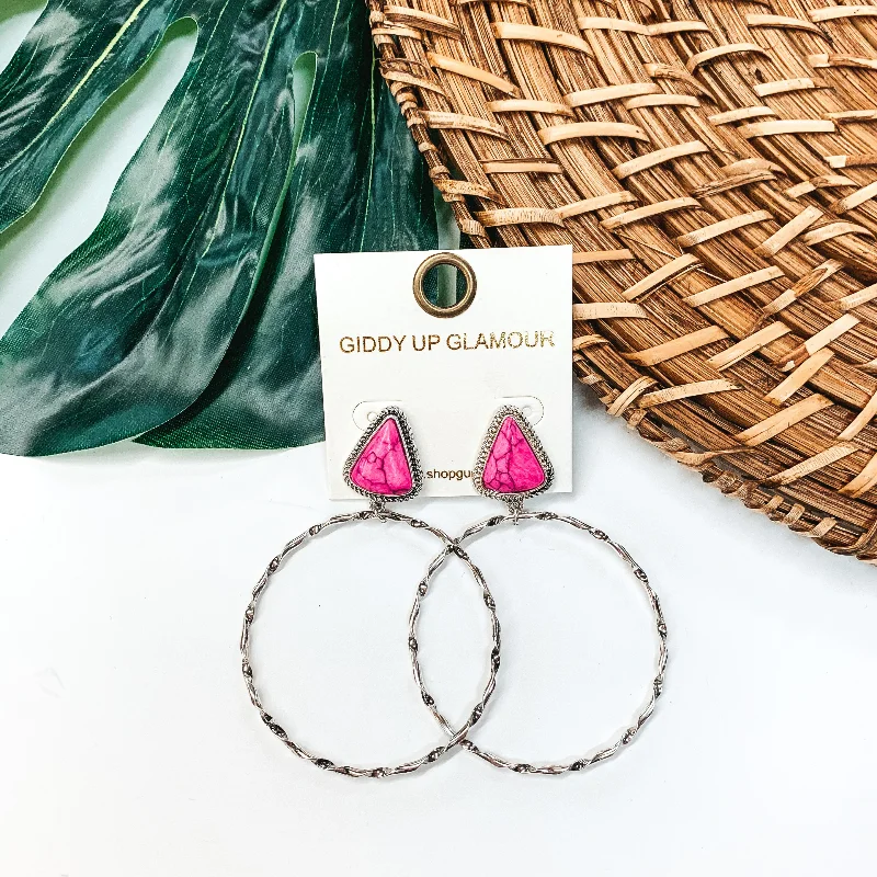 Women’s gemstone earrings-Triangle Stone Post Hoop Earrings in Pink