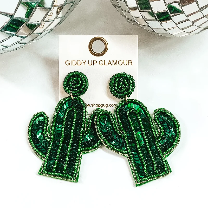 Women’s polished gold earrings-Sequin Beaded Cactus Earrings in Green