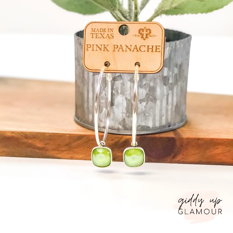 Women’s bold statement earrings-Pink Panache | Large Silver Hoop Earrings with Cushion Cut Crystals in Lime Green