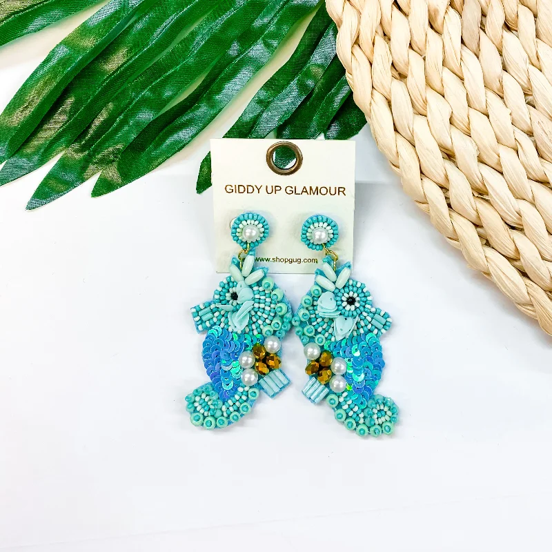 Women’s drop earrings-Seed Bead Sea Horse Earrings with Pearls in Turquoise