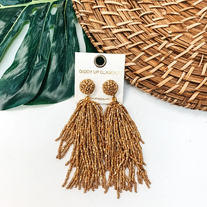 Women’s green emerald earrings-Crash My Party Seed Bead Tassel Earrings In Gold