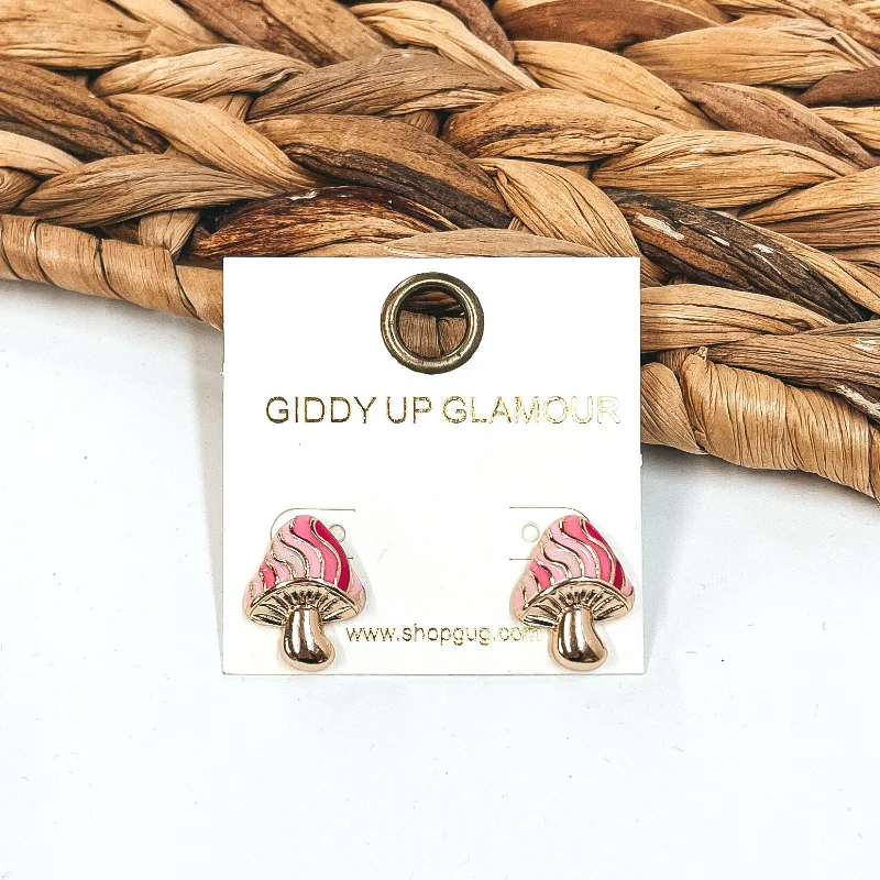 Women’s modern earrings-Gold Mushroom Stud Earring in Pink