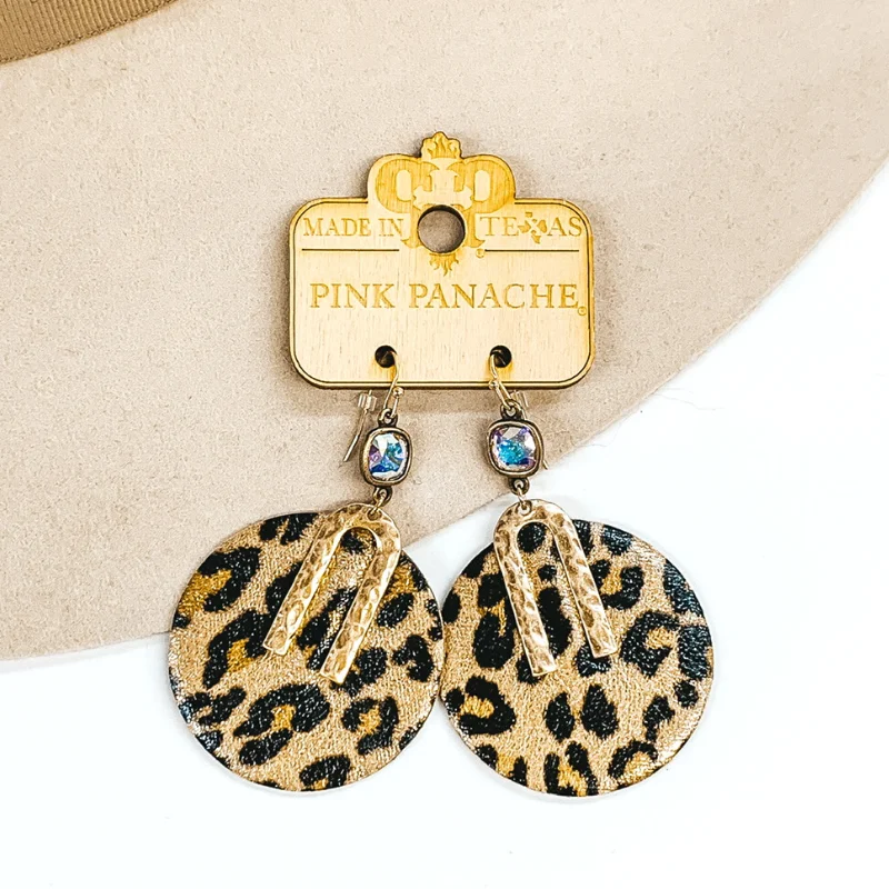 Women’s sapphire earrings-Pink Panache | Dangle AB Cushion Cut Crystal Earrings with Leather Circle Pendant in Leopard Print