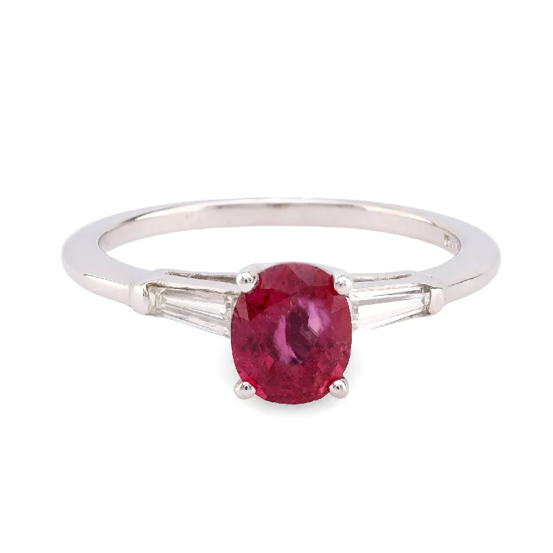 Women’s stylish rings-Women’s luxury engagement ring with diamonds-Vintage Ruby Diamond 14K White Gold Three Stone Ring