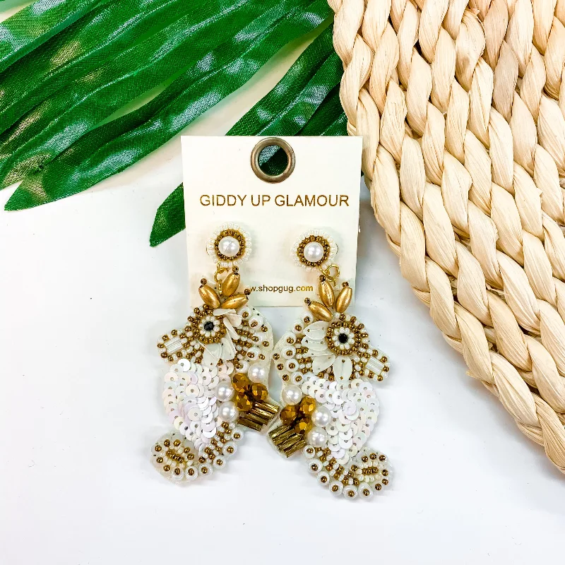 Women’s luxury statement earrings-Seed Bead Sea Horse Earrings with Pearls in White