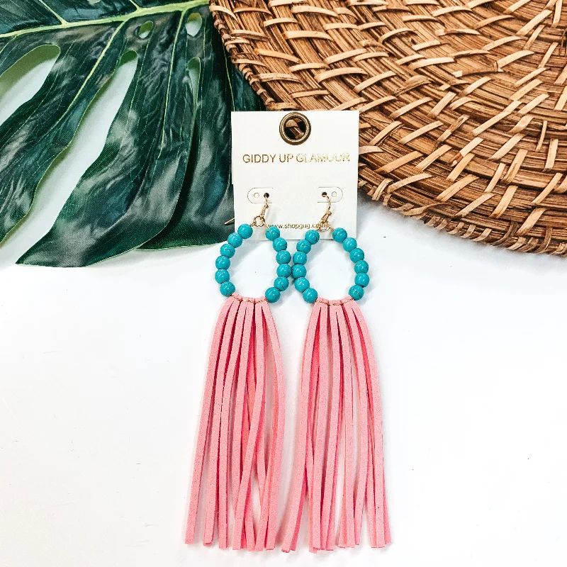 Women’s clip-on earrings-Turquoise Beaded Hoop Earrings with Pink Tassels