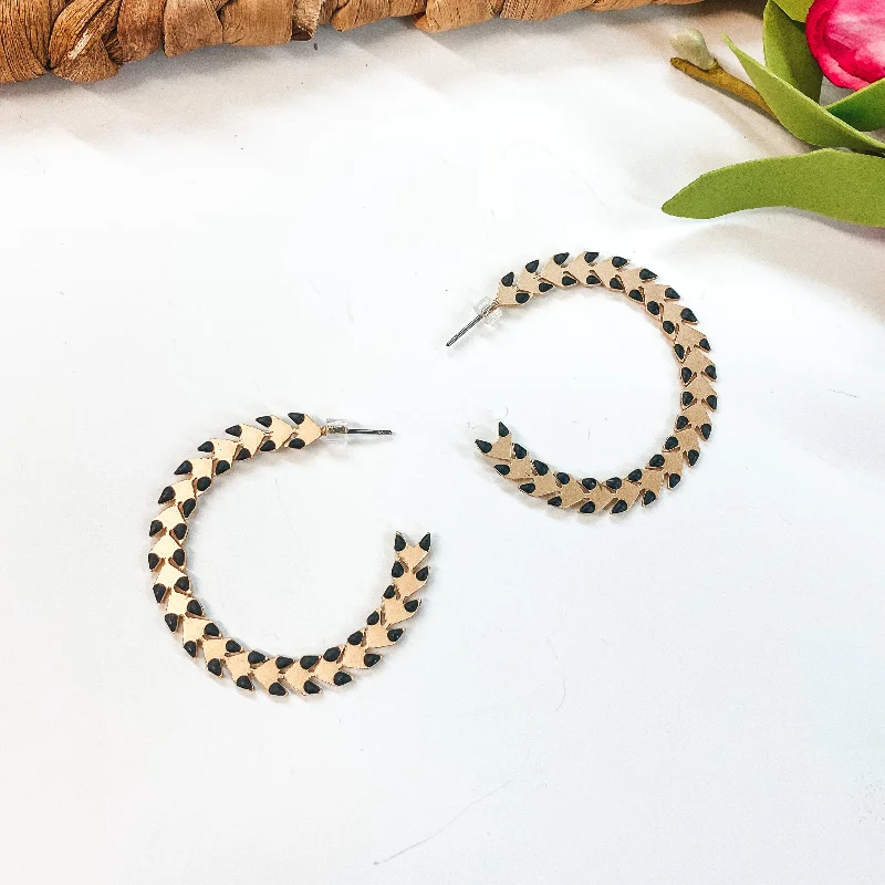 Women’s leather earrings-Spiked Hoop Earrings in Black and Gold