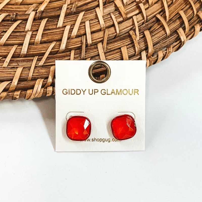 Women’s gemstone earrings-Square Stud Earrings with Crystals in Red