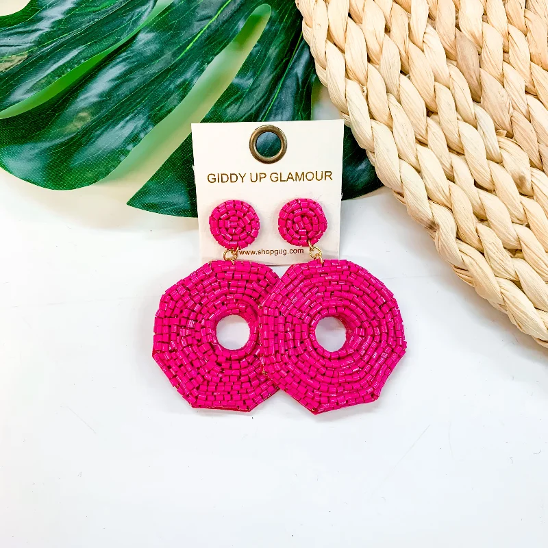 Women’s classic stud earrings-Colada Crush Seed Bead Circle Earrings In Fuchsia Pink