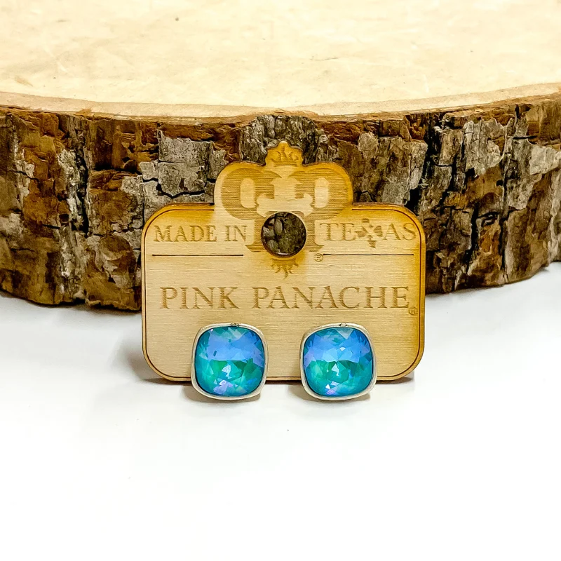 Women’s celestial earrings-Pink Panache | Silver Tone Stud Earrings with Cushion Cut Crystals in Laguna Delight