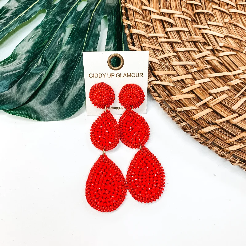 Women’s pearl and diamond earrings-Glass Seed Beaded Drop Earrings in Red