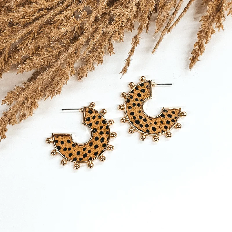 Women’s pearl and diamond earrings-Flat Hoops with a Brown Dotted Print