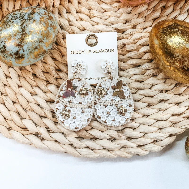 Women’s gold teardrop earrings-Hoppy Easter Sequin Beaded Easter Egg Earrings in White