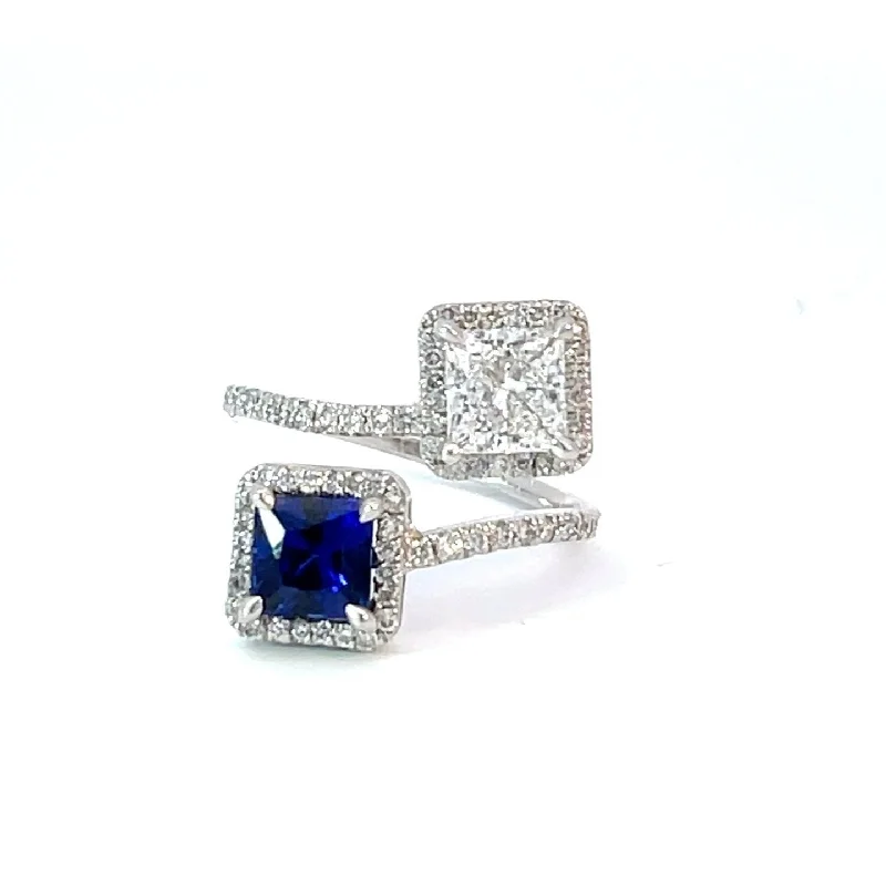 Women’s stackable rings-Lab Grown Diamond & Sapphire Halo Bypasss Ring