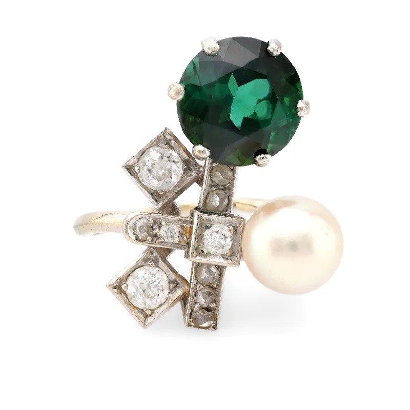 Women’s statement rings-Women’s custom engagement ring-Mid Century French 4.60 carat green tourmaline pearl diamond 18k gold ring